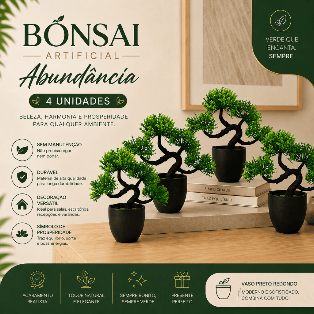 Kit 4 Bonsais Artificial Abundância Vaso Preto Redondo Decoração Sofisticada Estilo Oriental