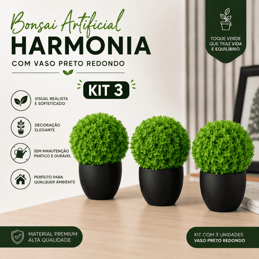 Kit 3 Bonsais Harmonia Artificial Vaso Redondo Preto Decoração Moderna Elegante Folhagem Realista