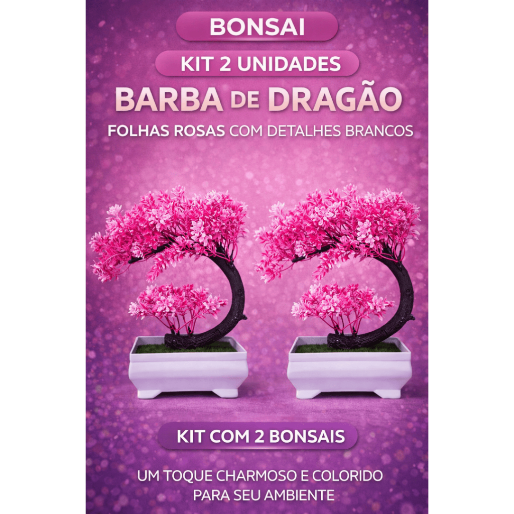 Kit 2 Bonsais Artificiais Barba de Dragão com Folhas Rosas e Brancas Sofisticação em Cada Detalhe
