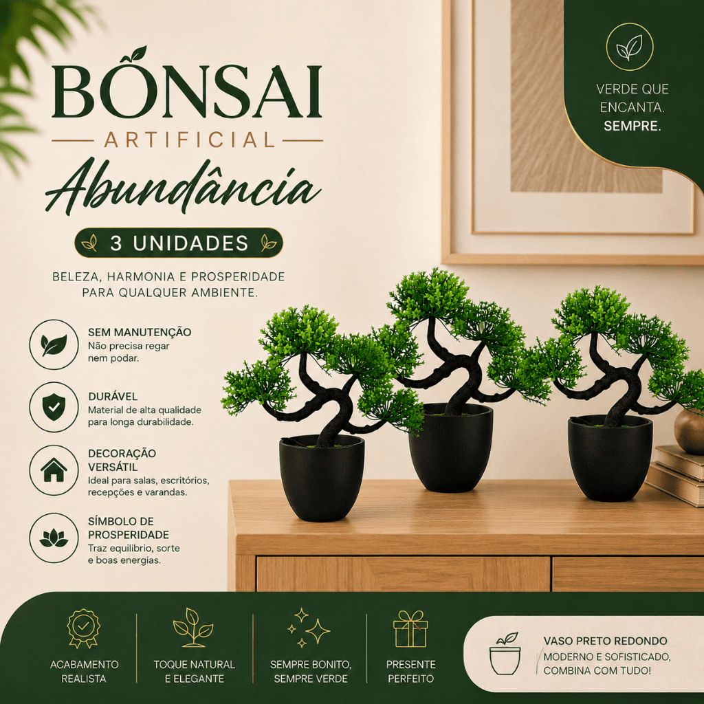 Kit 3 Bonsais Artificiais Abundância Realista Vaso Redondo Preto Incluso Beleza Sem Manutenção