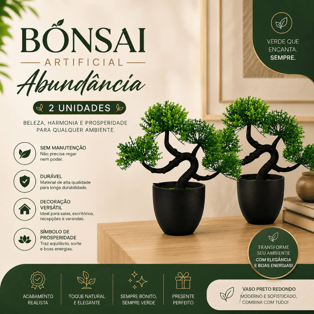 Kit 2 Bonsais Artificiais Abundância Com Vaso Redondo Preto Elegante Decoração Sem Manutenção