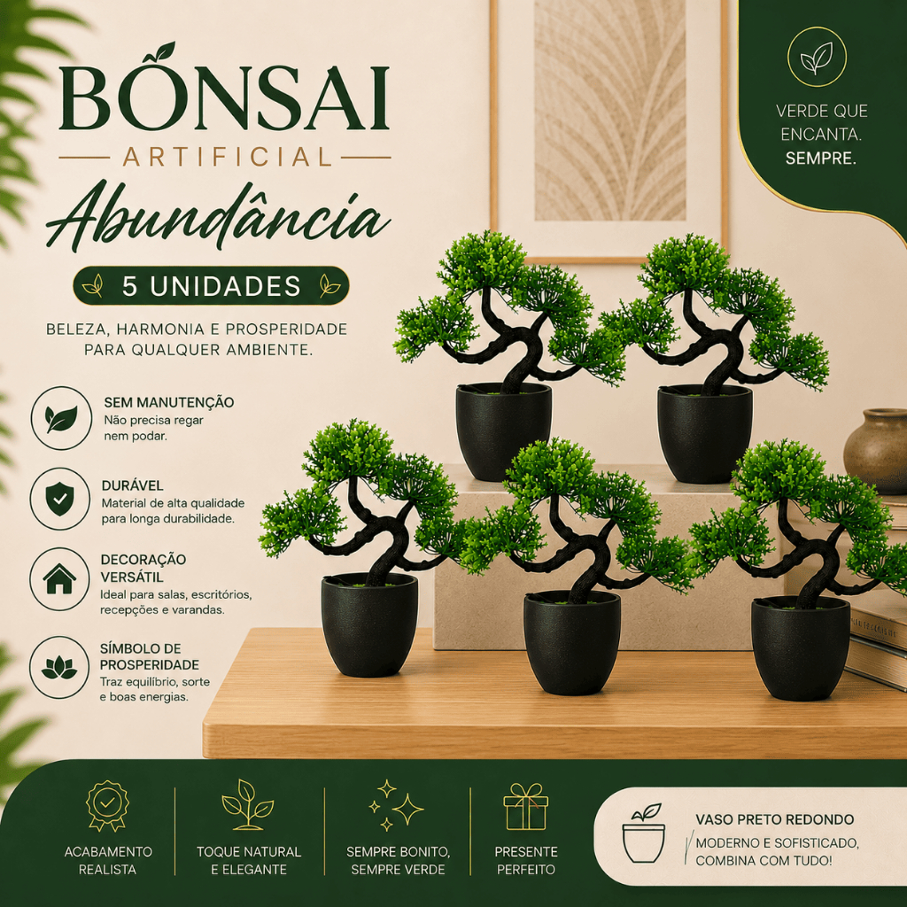 Kit 5 Bonsais Artificiais Realistas Com Vaso Preto Redondo Beleza Sem Manutenção Charme e Estilo