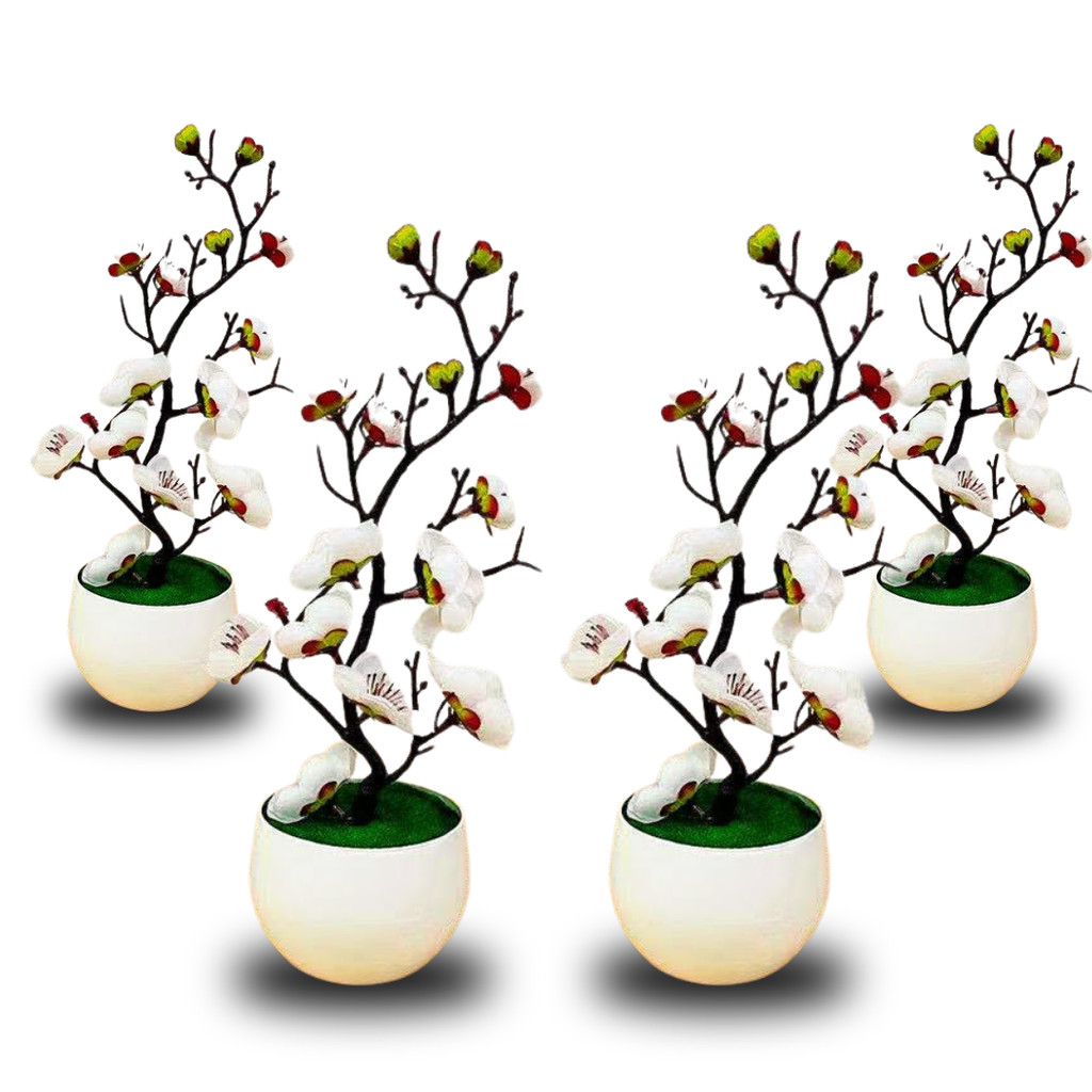Kit 4 Bonsais Flores Ameixeiras Brancas Artificiais – Natureza Sem Manutenção