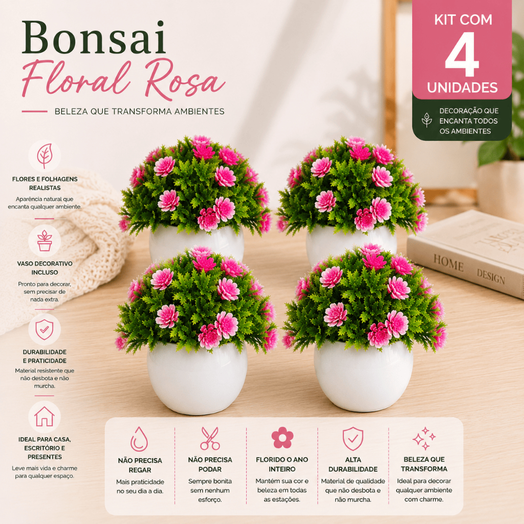 Kit 4 Bonsais Artificiais Floral Rosa com Vaso Branco Decoração Charme Casa Escritório Presente
