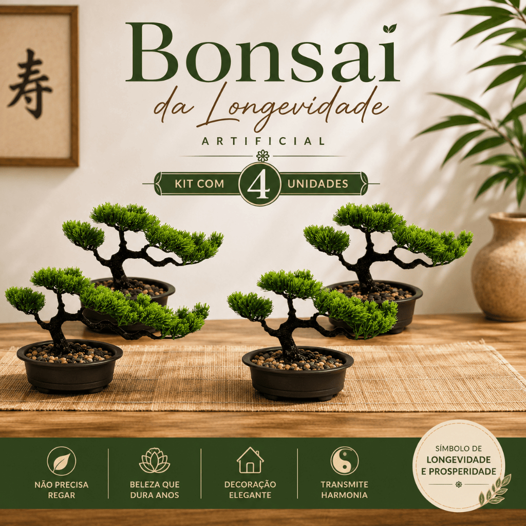 Kit 4 Bonsais da Longevidade Artificial Premium com Folhagem Realista e Cascalho Decorar Ambientes