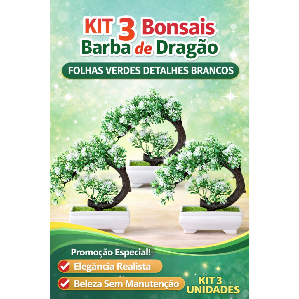 Kit 3 Bonsais Barba de Dragão Artificial Realista Folhas Verdes Detalhes Brancos Premium Estilo Zen