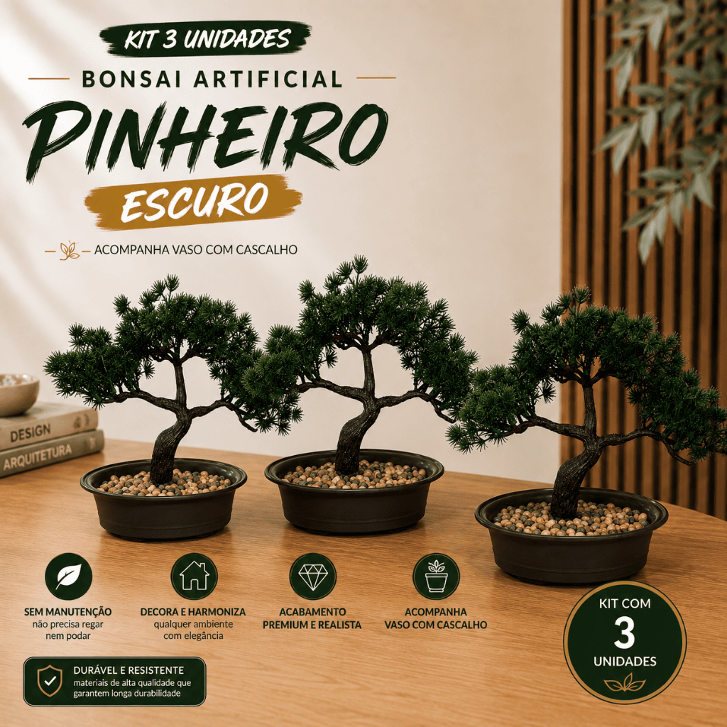 Kit 3 Bonsais Artificial Pinheiro Escuro Realista Vaso com Cascalho Decorativo para Ambientes
