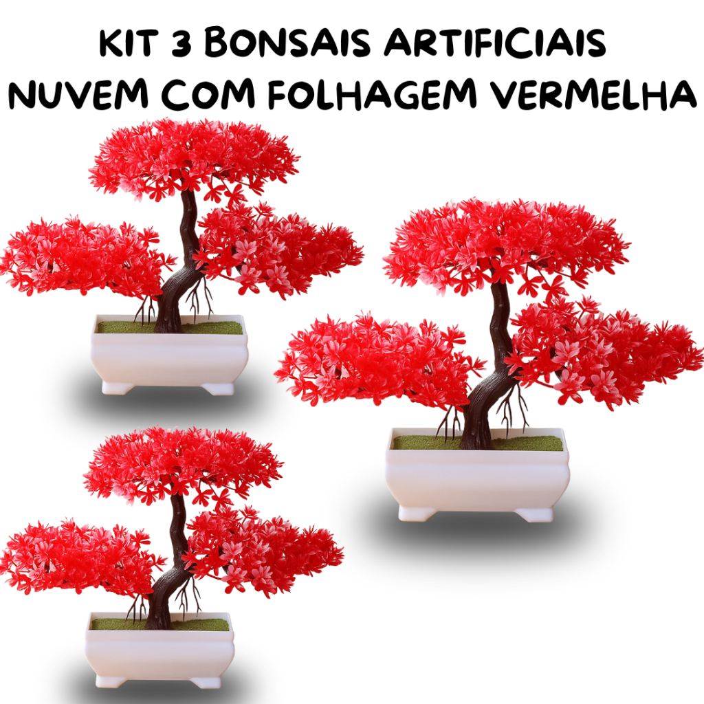 Kit 3 Plantas Bonsais Zen Artificial Vermelho – Estilo Nuvem Compacto e Moderno