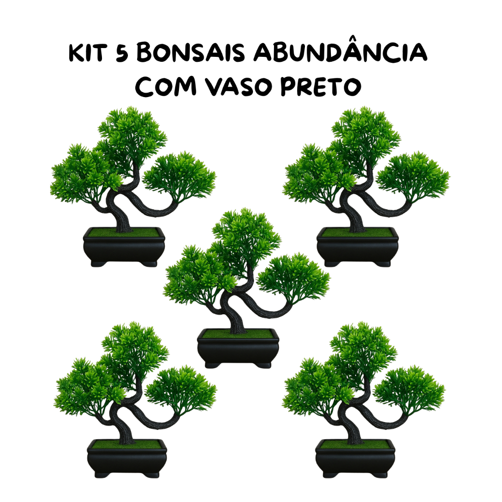 Kit 5 Bonsais Artificiais Abundância com Vaso Preto – Verde Vibrante e Estilo Moderno