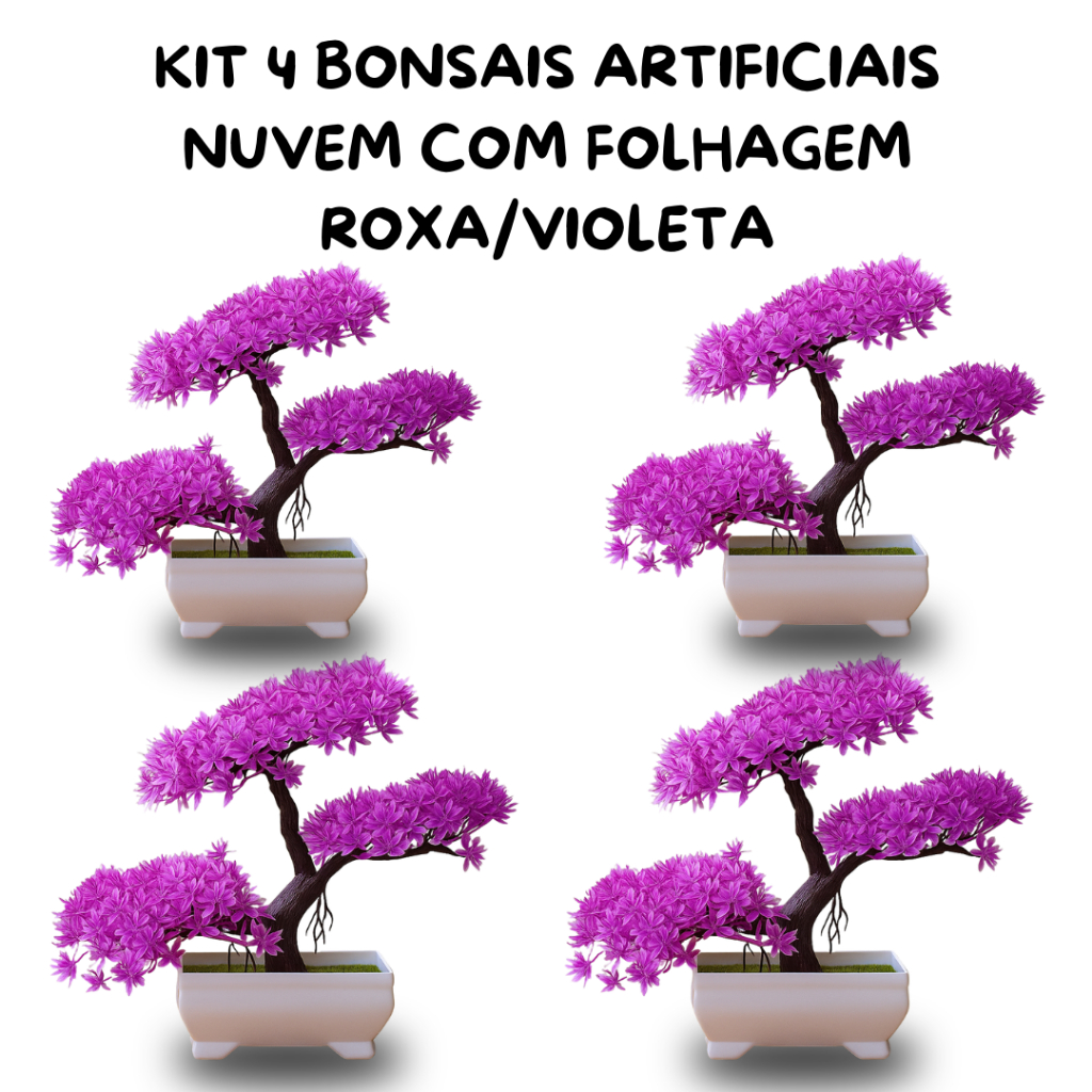 Kit 4 Bonsais Planta Artificial Nuvem Roxo – Decoração Artificial Minimalista