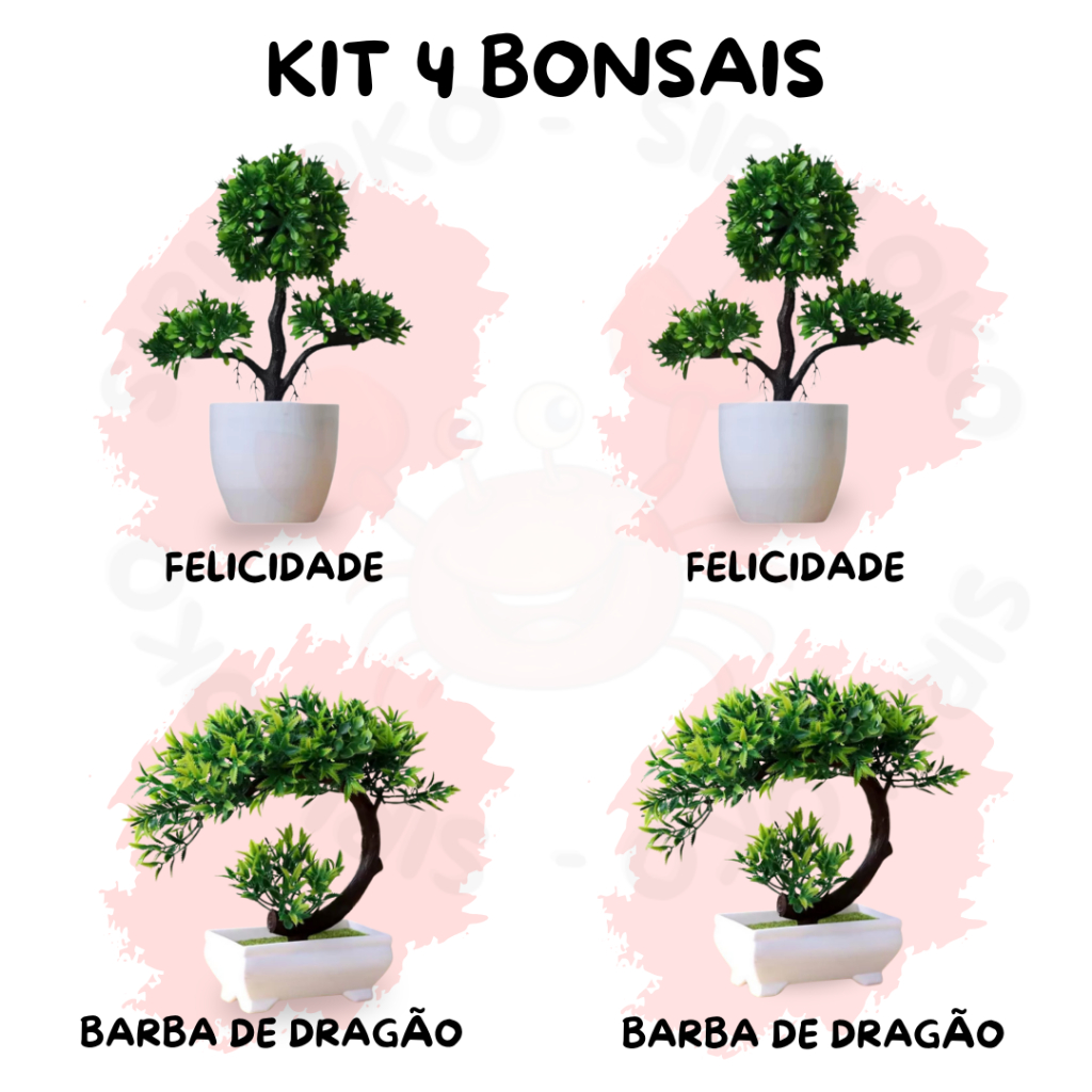 Kit 4 Árvores Artificiais – Bonsais Barba de Dragão e Felicidade com Estilo Oriental