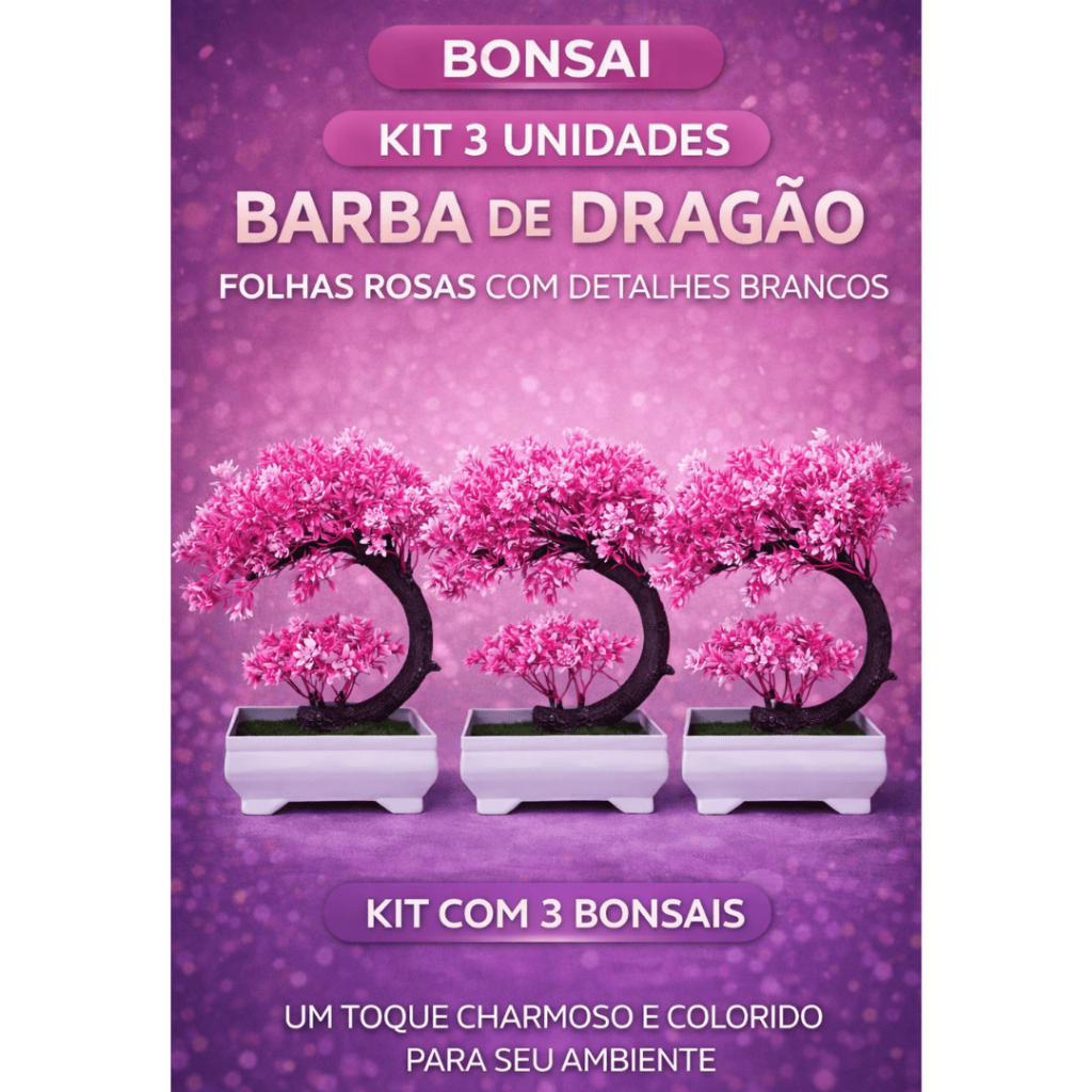 Kit 3 Bonsais Artificiais Barba de Dragão – Charme Oriental em Tons de Rosa e Detalhes Brancos Zen