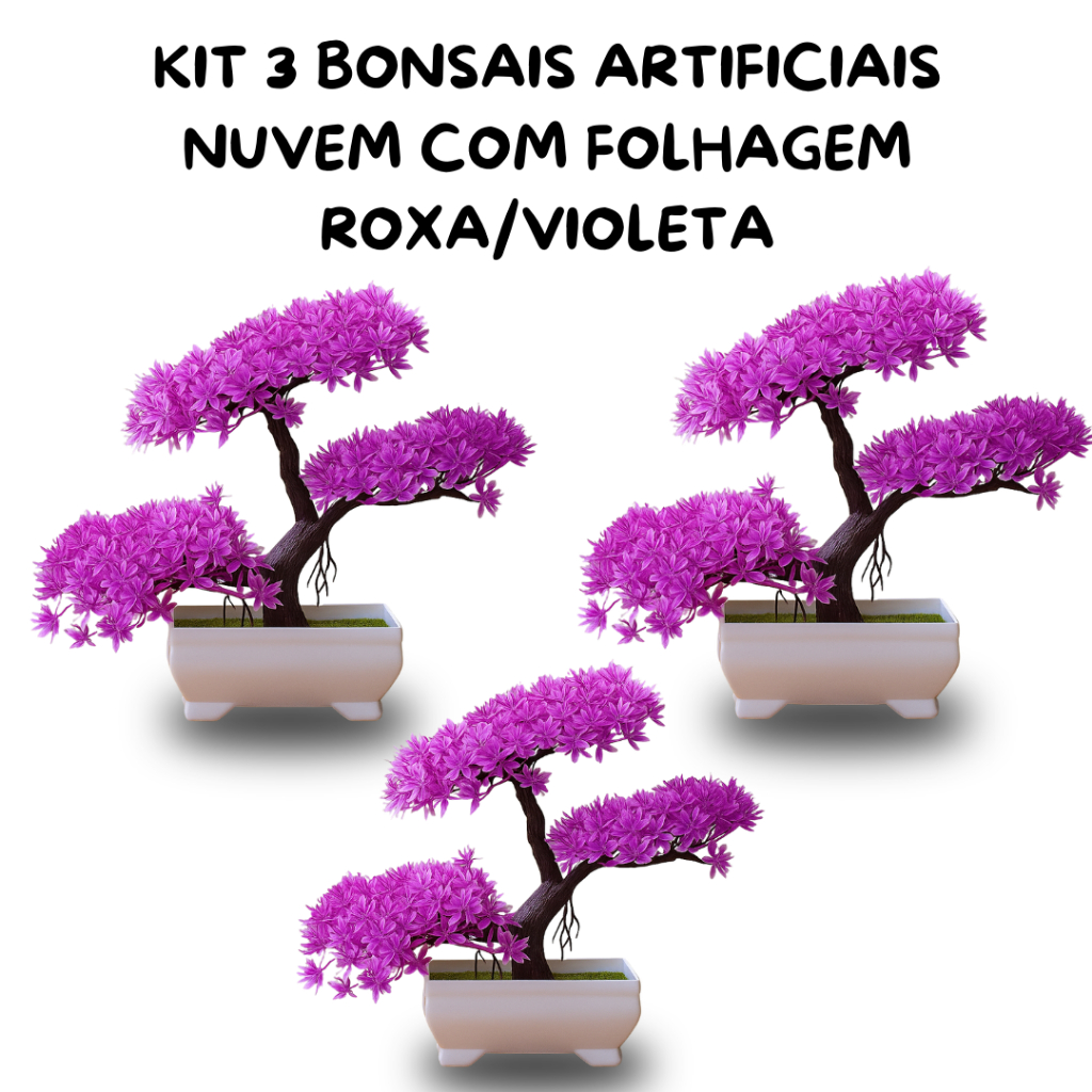 Kit 3 Bonsais Artificial Planta com Folhas Roxas Realista – Toque Zen Sofisticado Estilo Moderno