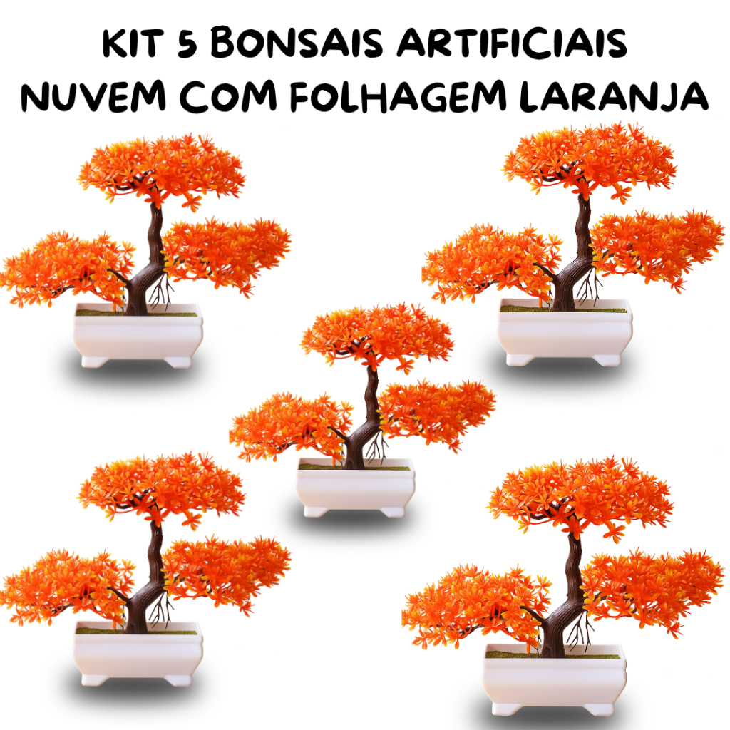 Kit 5 Bonsais Nuvem Zen Artificial – Laranja Outonal em Vaso Branco Retangular Natureza Sem Cuidados