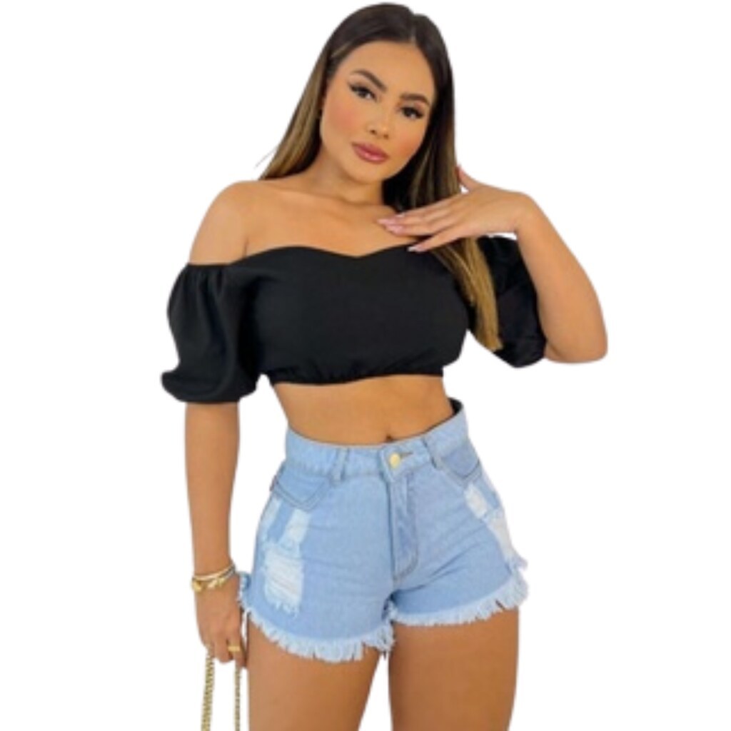 Short Feminino Jeans Azul Claro Barra Desfiada c/ Detalhes Destroyed,Moda Dinâmica