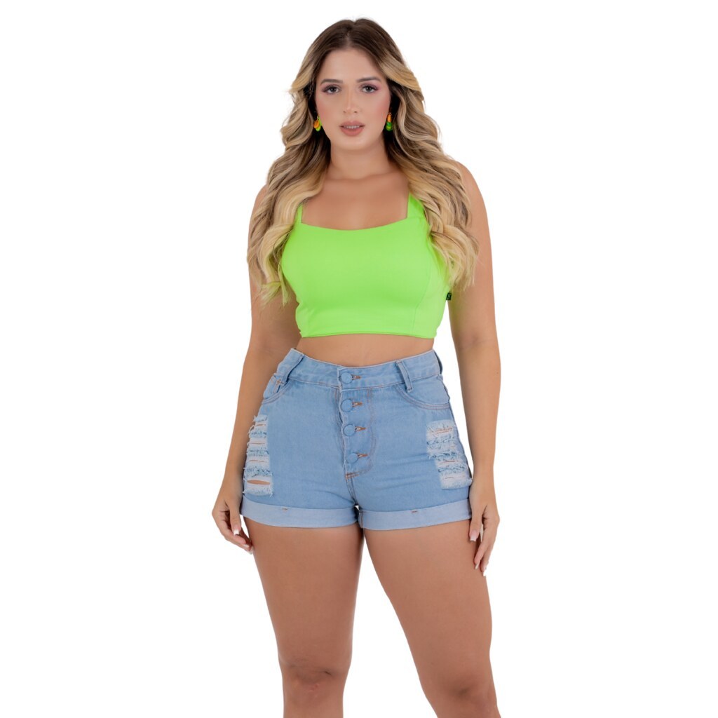 Short Feminino Jeans Cós Alto Claro com 4 botões Destroyed,Moda Dinâmica