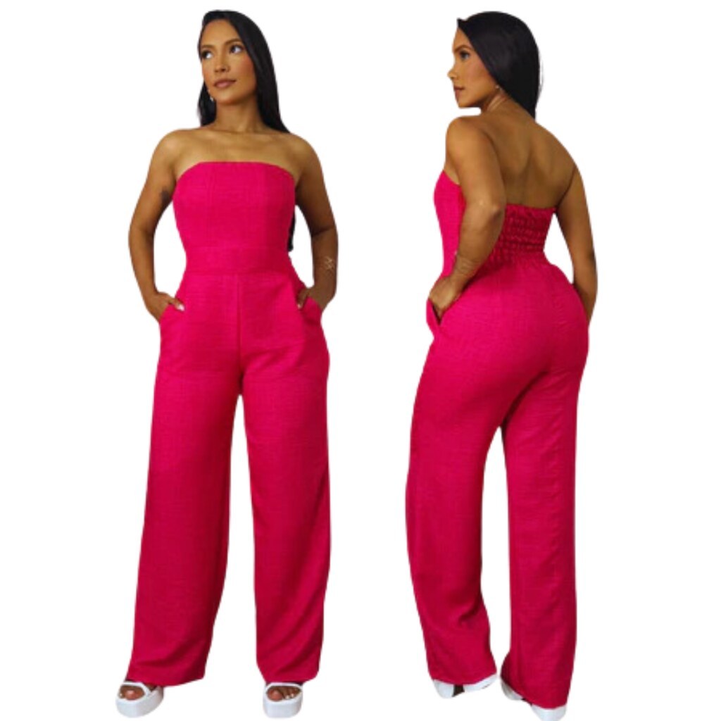 Macacão Feminino de Alfaitaria Rosa Tomara que Caia com Calça Pantalona, Moda Dinâmica