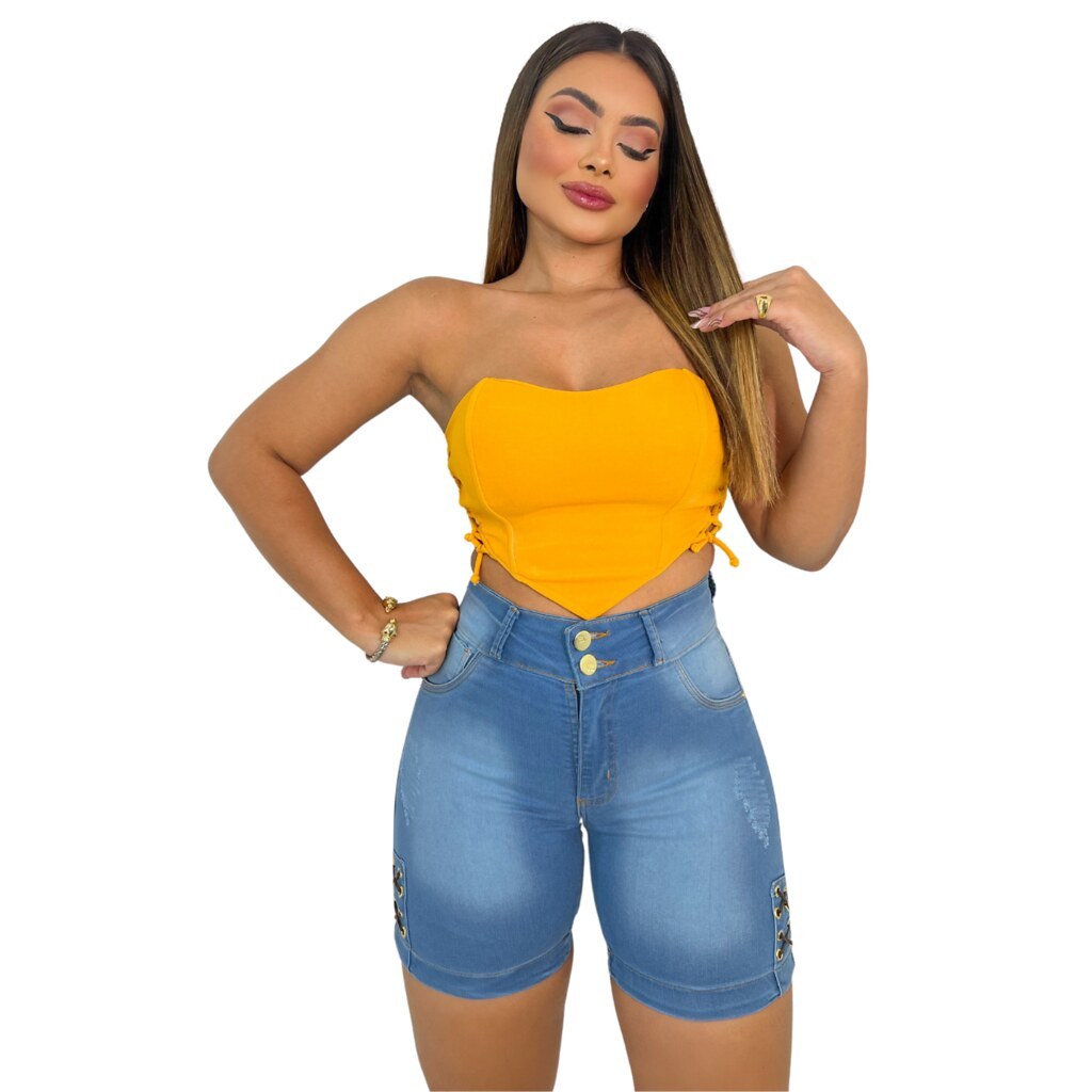 Short Feminino Jeans c/ Ilhós Ciclista Claro,Moda Dinâmica