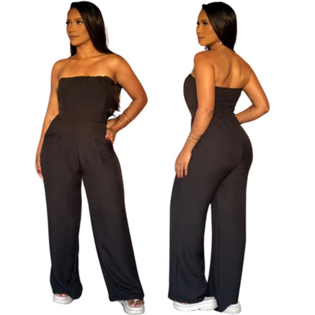 Macacão Feminino de Alfaitaria Preto Tomara que Caia com Calça Pantalona, Moda Dinâmica