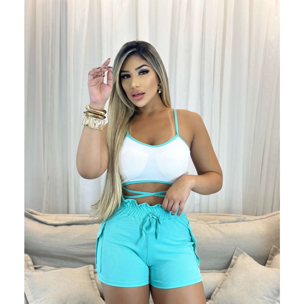 Conjunto Feminino Top e Short Cintura Alta Verde Ajustável Modela o Corpo, Moda Dinâmica