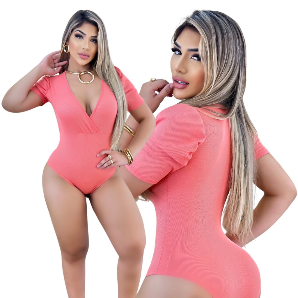 Body Feminino Malha Ribana Salmão Decote em V, Moda Dinâmica