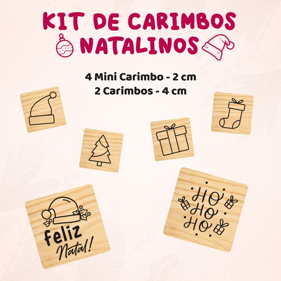 Kit de Carimbos Natalinos de Madeira 6 Unidades para Artesanato, Scrapbook e Embalagens