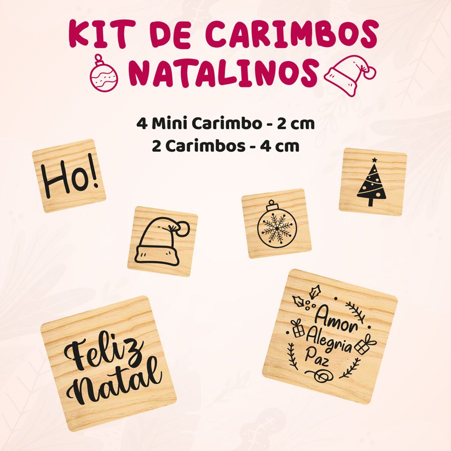Kit de Carimbos Natalinos de Madeira 6 Unidades para Artesanato, Scrapbook e Embalagens