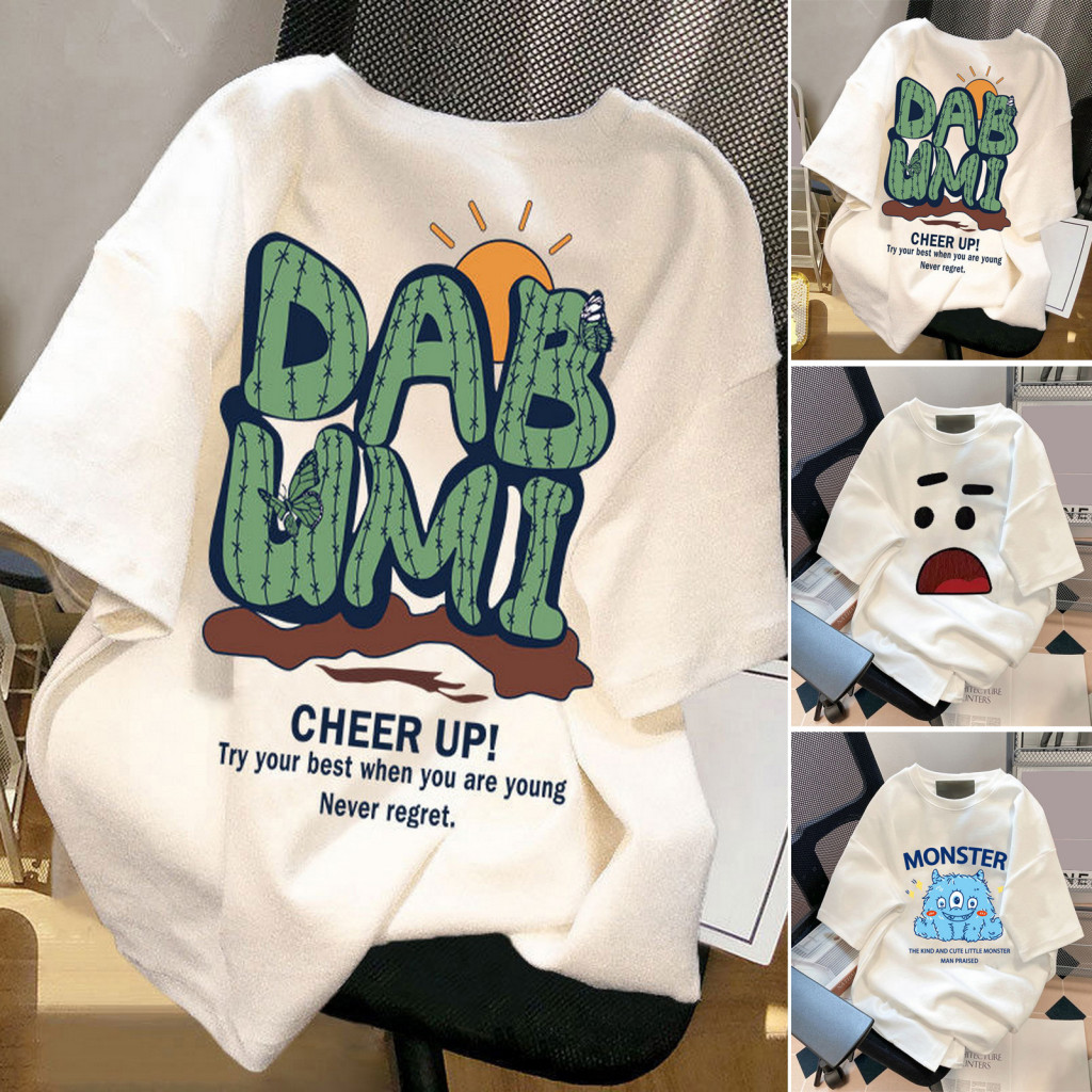 Cartoon Pattern T-shirts Print Couple Tees Summer T-shirt Unisex Face Cactus Short Sleeve Ice Silk Soft Breathable Quick