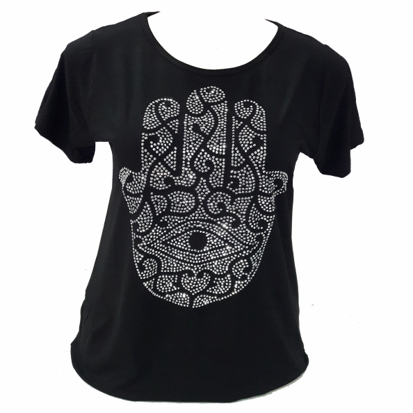 Blusa Feminina Plus Size Veste Tamanho 40 ao 64 (M ao G10) Camiseta com Pedraria Palma de Fátima