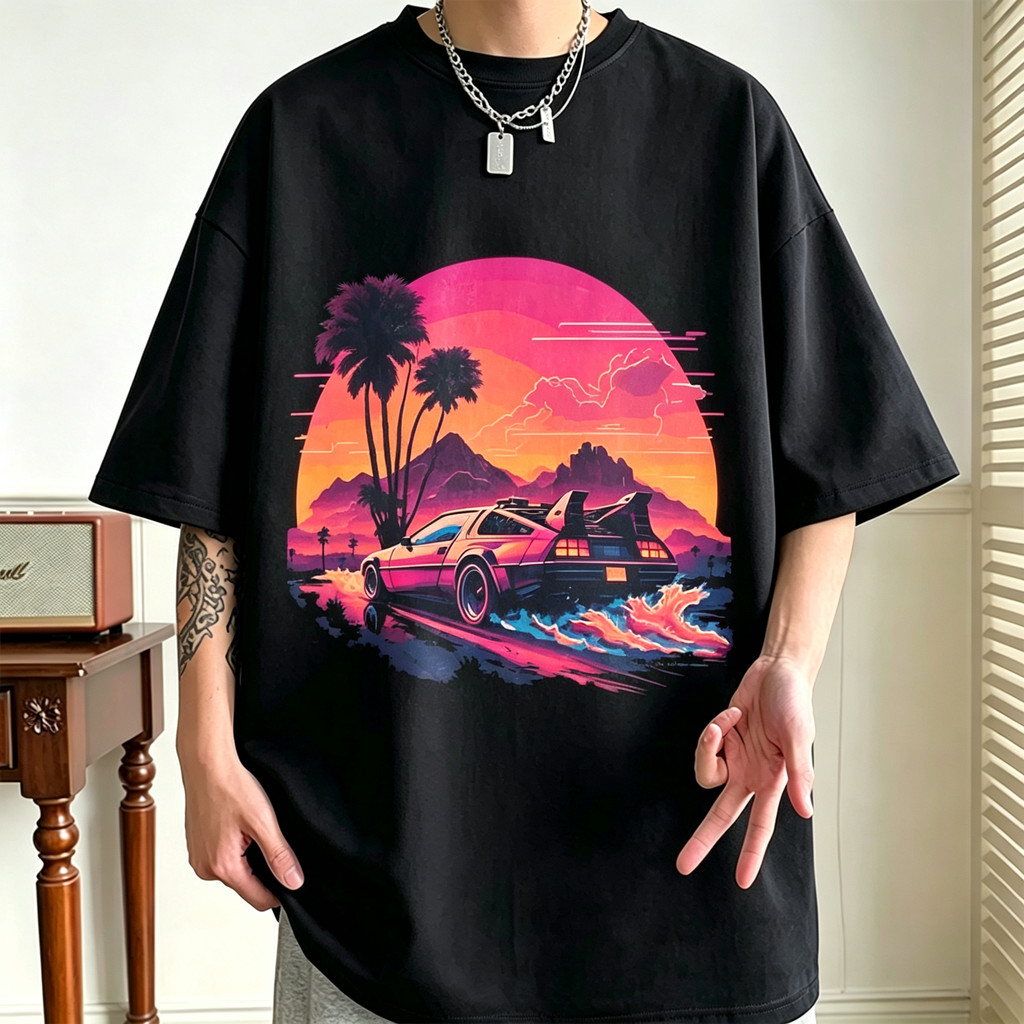 Camiseta Masculina Estampa Paisagem Sunset Automóvel Palm Trees Moderna Confortável Estilosa Tendência