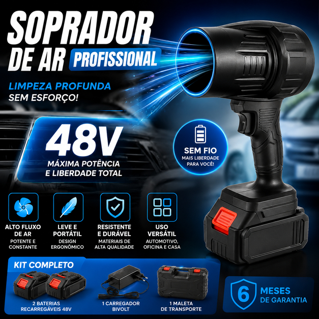 Soprador de Ar a Bateria 48V Profissional Sem Fio 2 Baterias Limpeza Automotiva Secagem de Carros