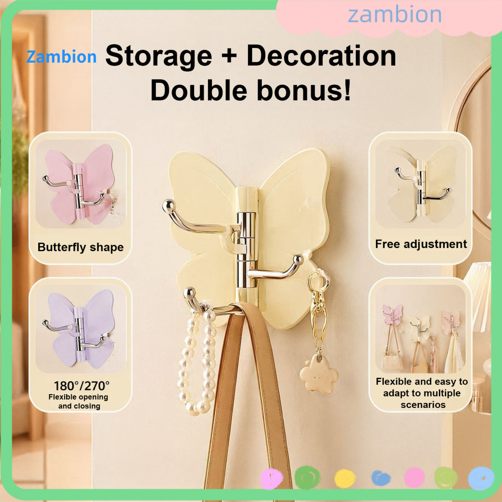 3 Rotating Hooks Butterfly Design No-drill Wall 3-prong Swivel Hangers with Adjustable Angle Space-saving Corner Storage