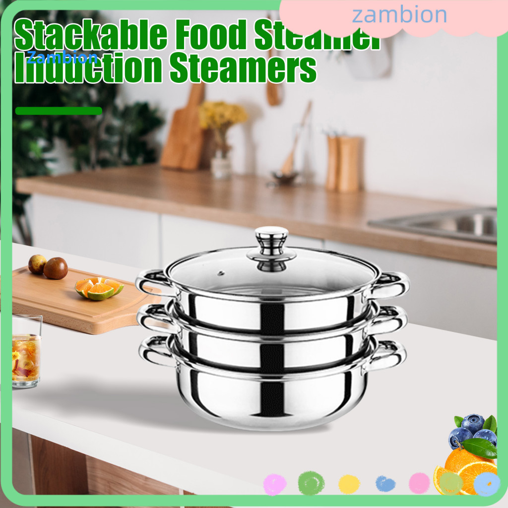 Stainless Steel Food Steamer Stackable 3-tier Pot Set with Glass Lid Space-saving for Healthy Cooking Kitchen