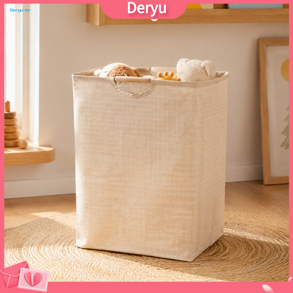 Foldable Storage Bin for Toys Collapsible Laundry Hamper Basket with Wooden Handles Cotton Linen Fabric Space-saving for