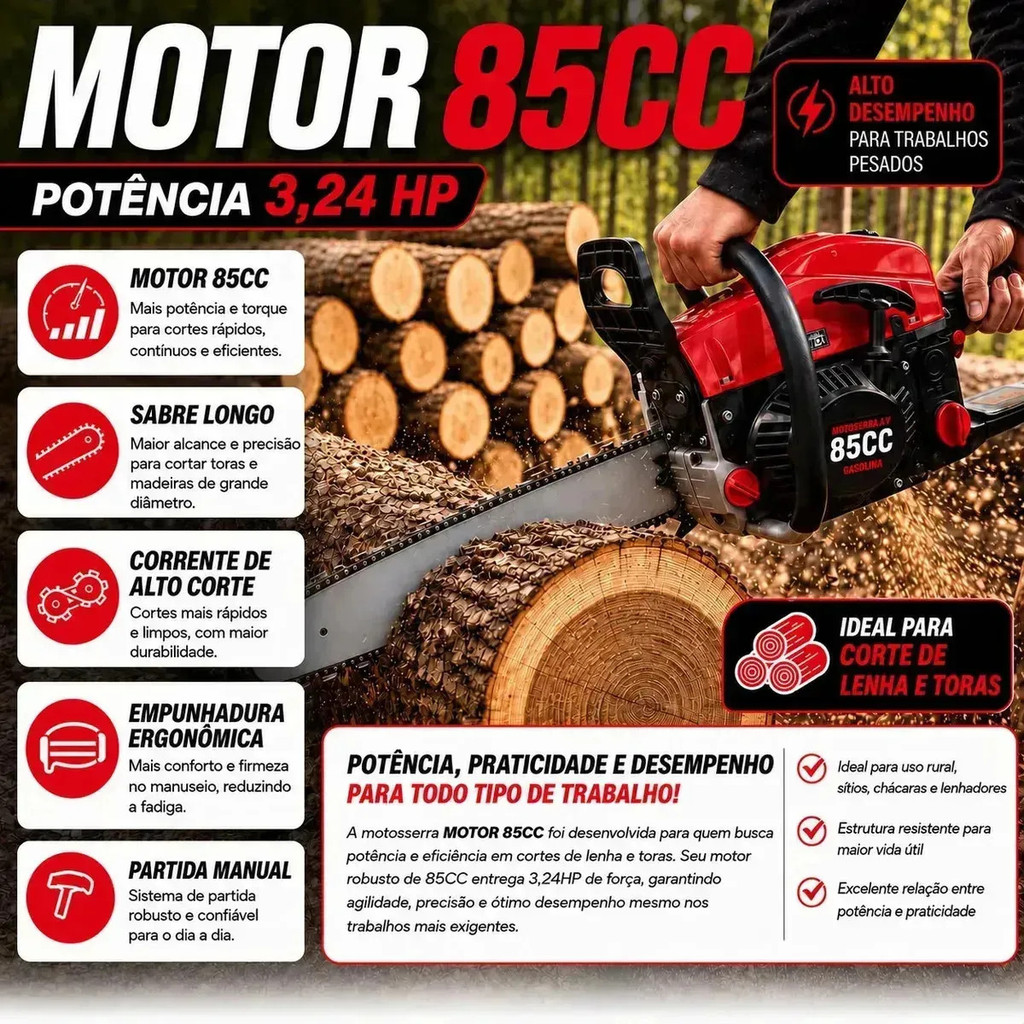 Motosserra Profissional KASAC 85cc – Potência, Desempenho e Alta Qualidade para Uso Intenso