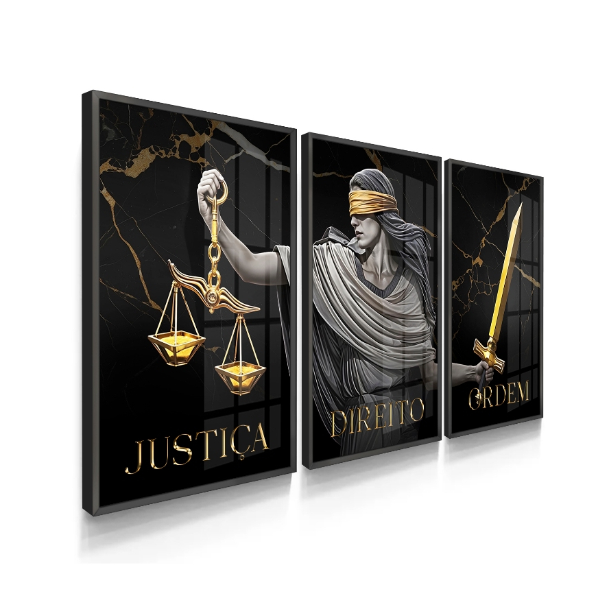 Trio de Quadros Justiça Direito Ordem Advocacia Deusa da Justiça Decorativo para Escritório de Advogado Juiz