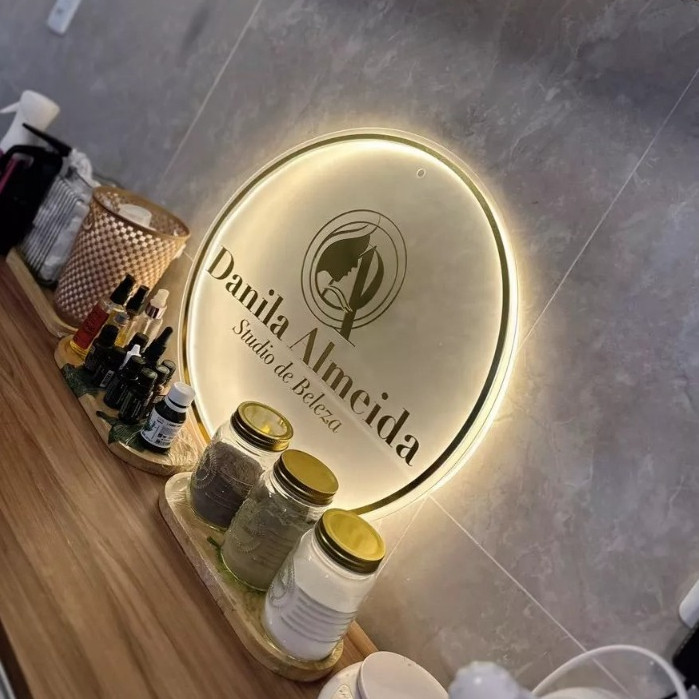 Logotipo Acrílico Espelhado com Base LED Iluminada 60x60cm Personalizado Advocacia Escritório Loja