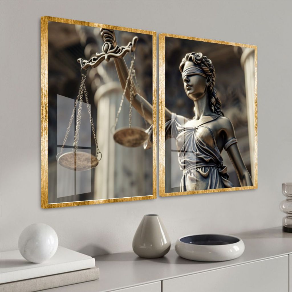 Kit Decorativo 2 Peças Advocacia Direito Deusa Da Justiça Balança Sala Escritório