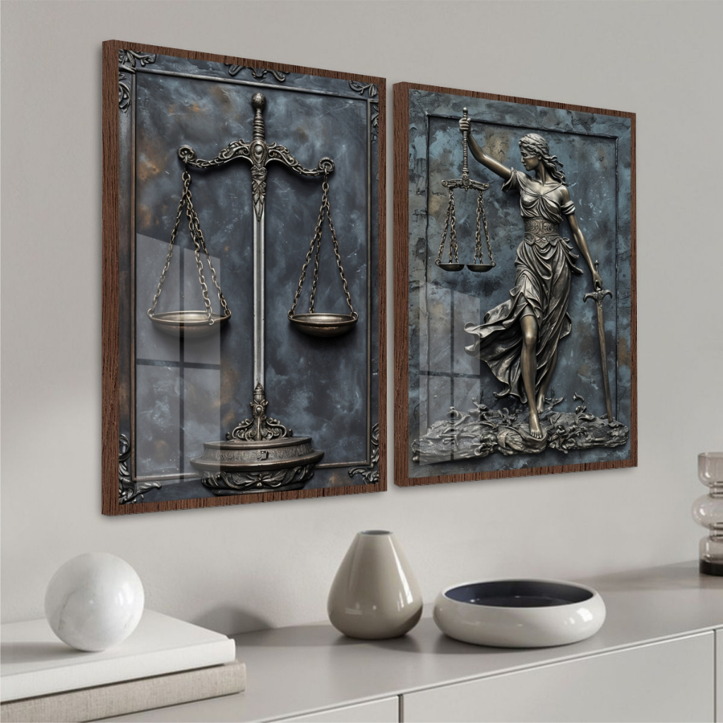 Quadros Decorativos Duas Peças Tons Metálicos Símbolos Direito Para Escritório Advocacia Tribunais