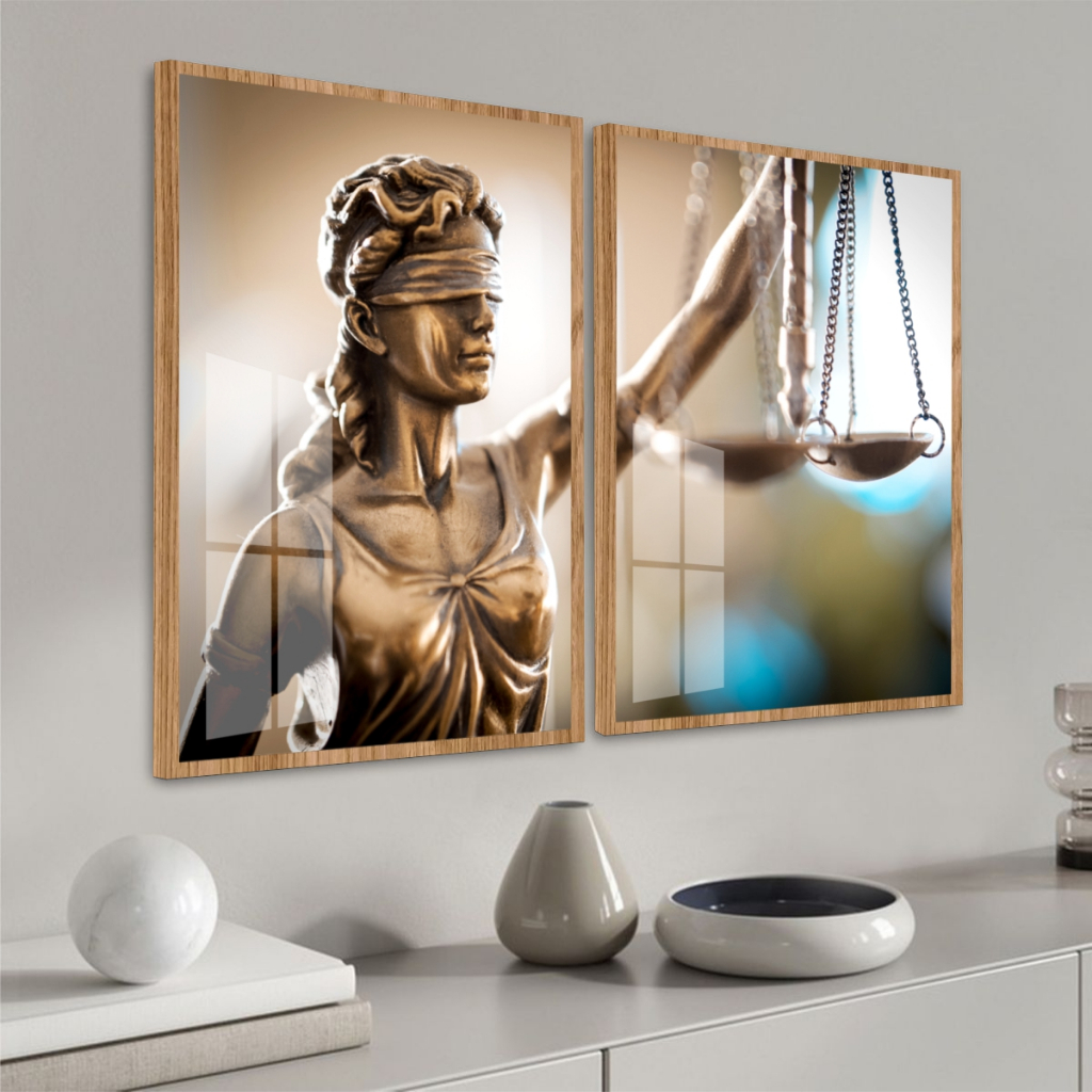 Quadros Decorativos Duas Peças Escritório Advocacia Deusa Da Justiça Olhos Vendados Tons Bronze