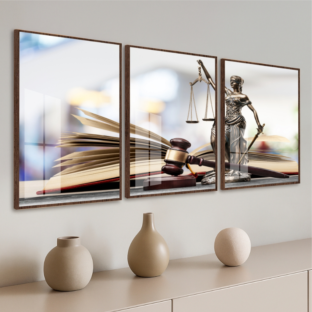 Trio Quadros Decorativos Escritório Advocacia Símbolos Direito Estátua De Têmis Deusa Da Justiça