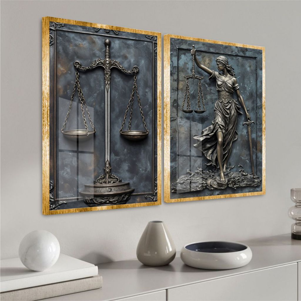 Dois Quadros Decorativos Temática Direito Jurídico Tons Metálico Para Escritório Advocacia Tribunais