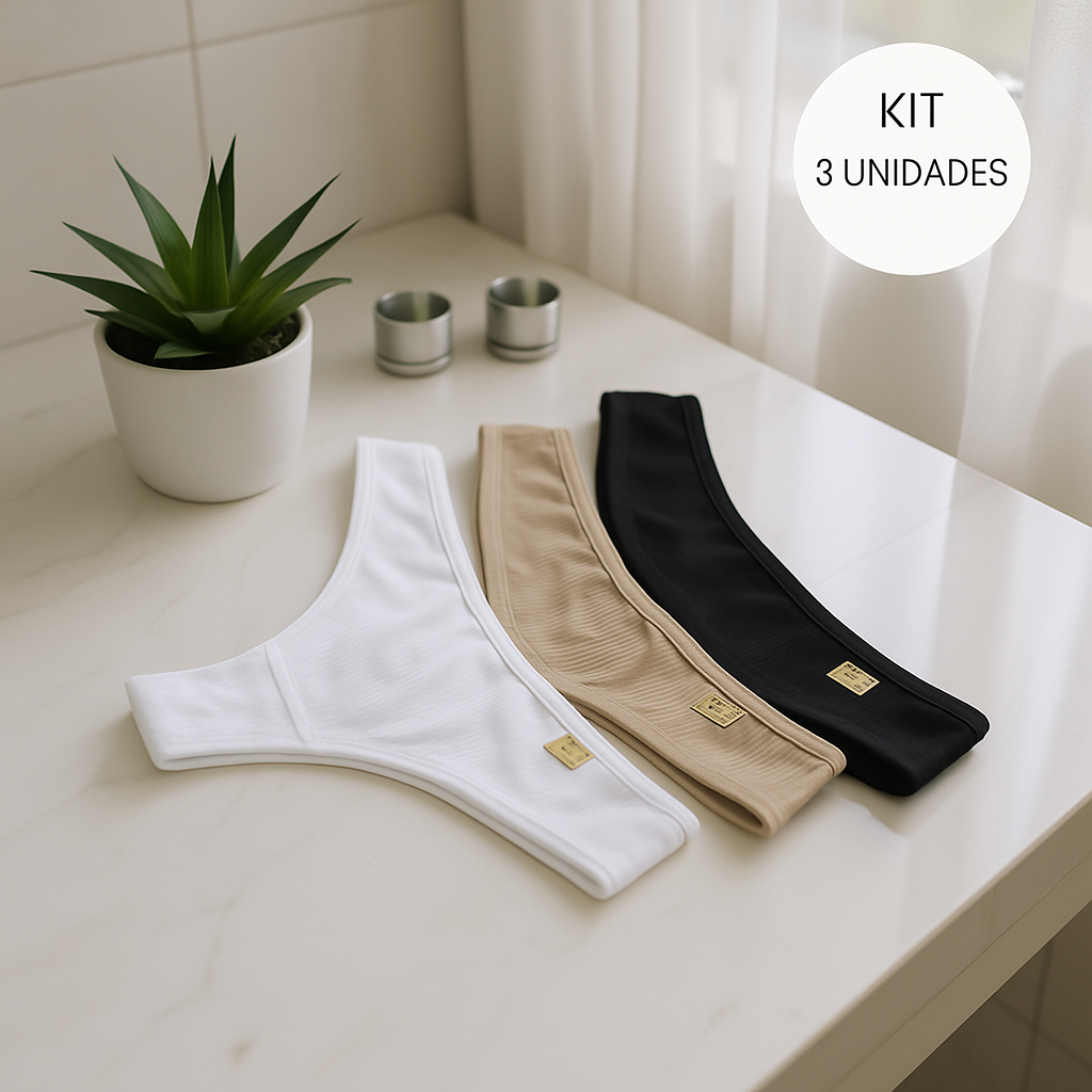 Kit 3 Calcinha Tanga Conforto Feminina Canelada | Tecido Macio e Ajuste Perfeito