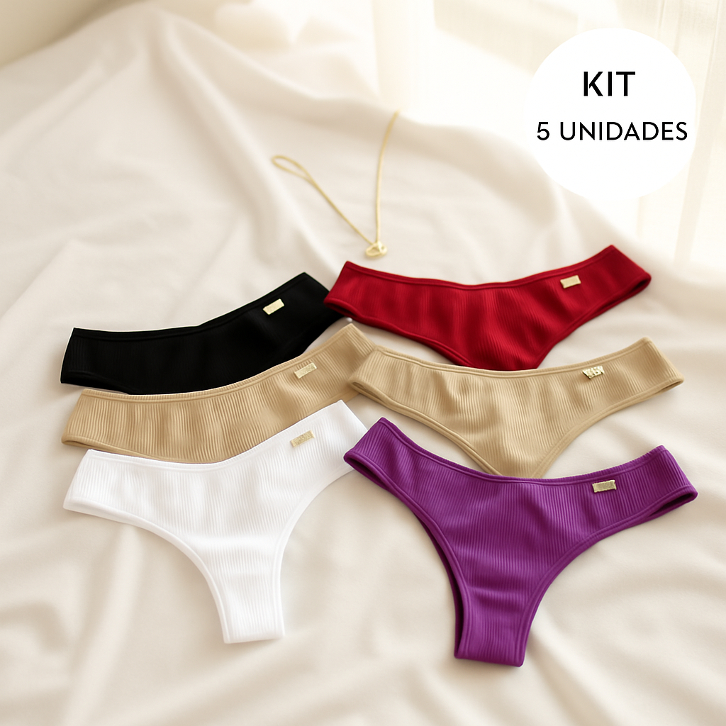 Kit 5 Calcinha Tanga Conforto Feminina Canelada | Tecido Macio e Ajuste Perfeito