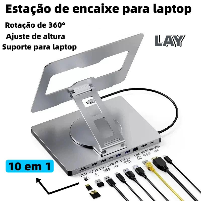 Suporte De Notebook Ate 17 Polegados 360° 10 Em 1 Com Hub Usb C Docking Station Hdmi 4k LAN SD TF ST109A