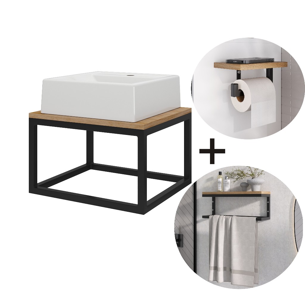 Kit Banheiro Industrial - Gabinete + Cuba + Porta Toalha + Porta Papel Higienico Ferro e Madeira