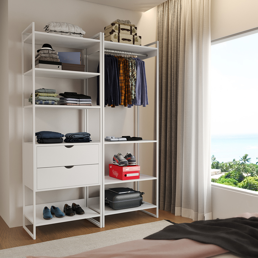 Closet Industrial Casal Loft 2 Módulos Branco Cabideiro Com Gavetas Ferro Branco