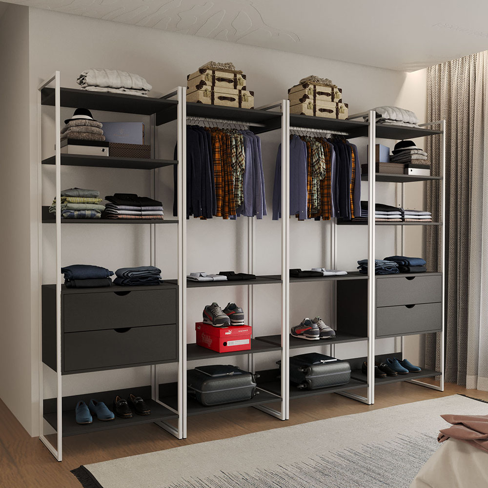 Closet Industrial Casal Completo Loft Preto 4 Módulos Cabideiro Com Gavetas Ferro Branco