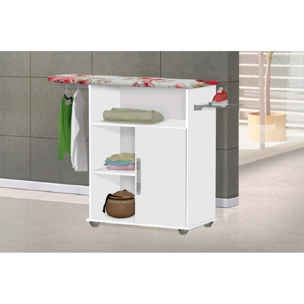 Tabua Mesa De Passar Roupa Alice Com Armario Organizador com Porta Prateleira e Porta Ferro - Branco
