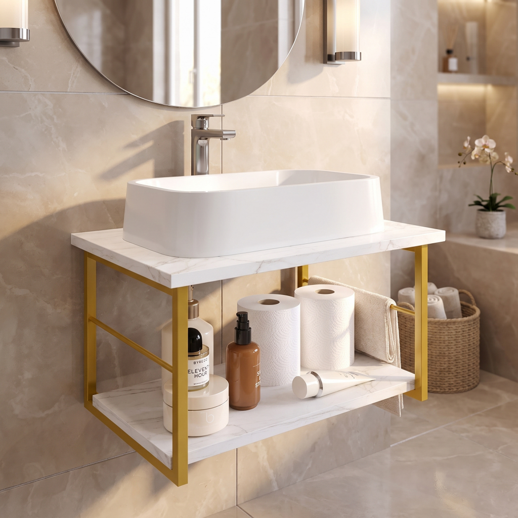 Gabinete Suspenso para Banheiro Bancada para Cuba com Prateleira Estrutura Metálica